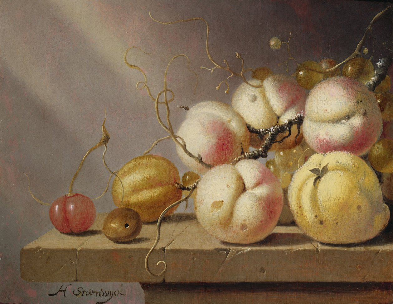 Stilleben av frukt på en kant (panel) av Harmen van Steenwyck
