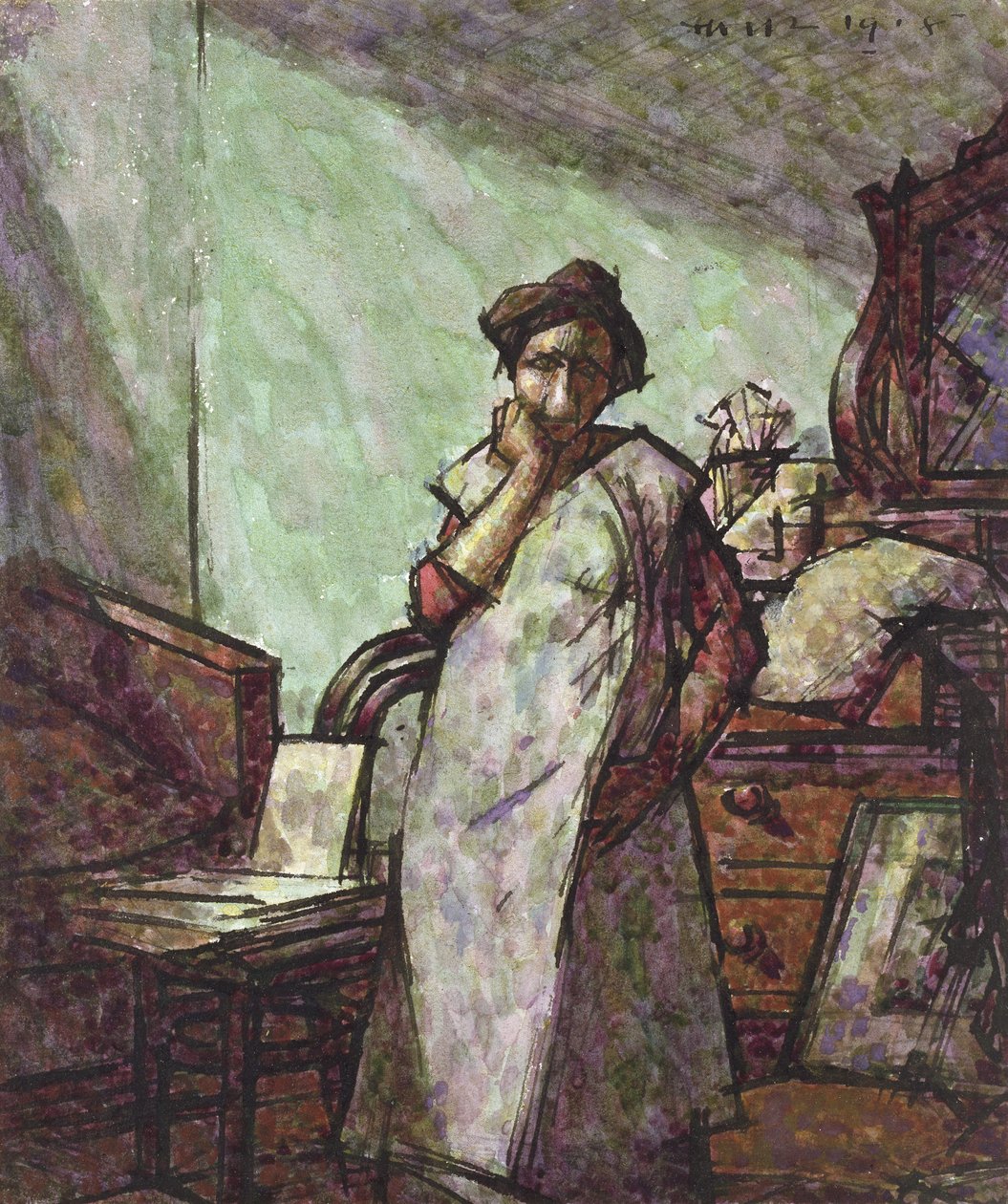 Interiør med fru Mounter i en overall, 1. desember 1918 (penn og svart blekk og akvarell) av Harold Gilman