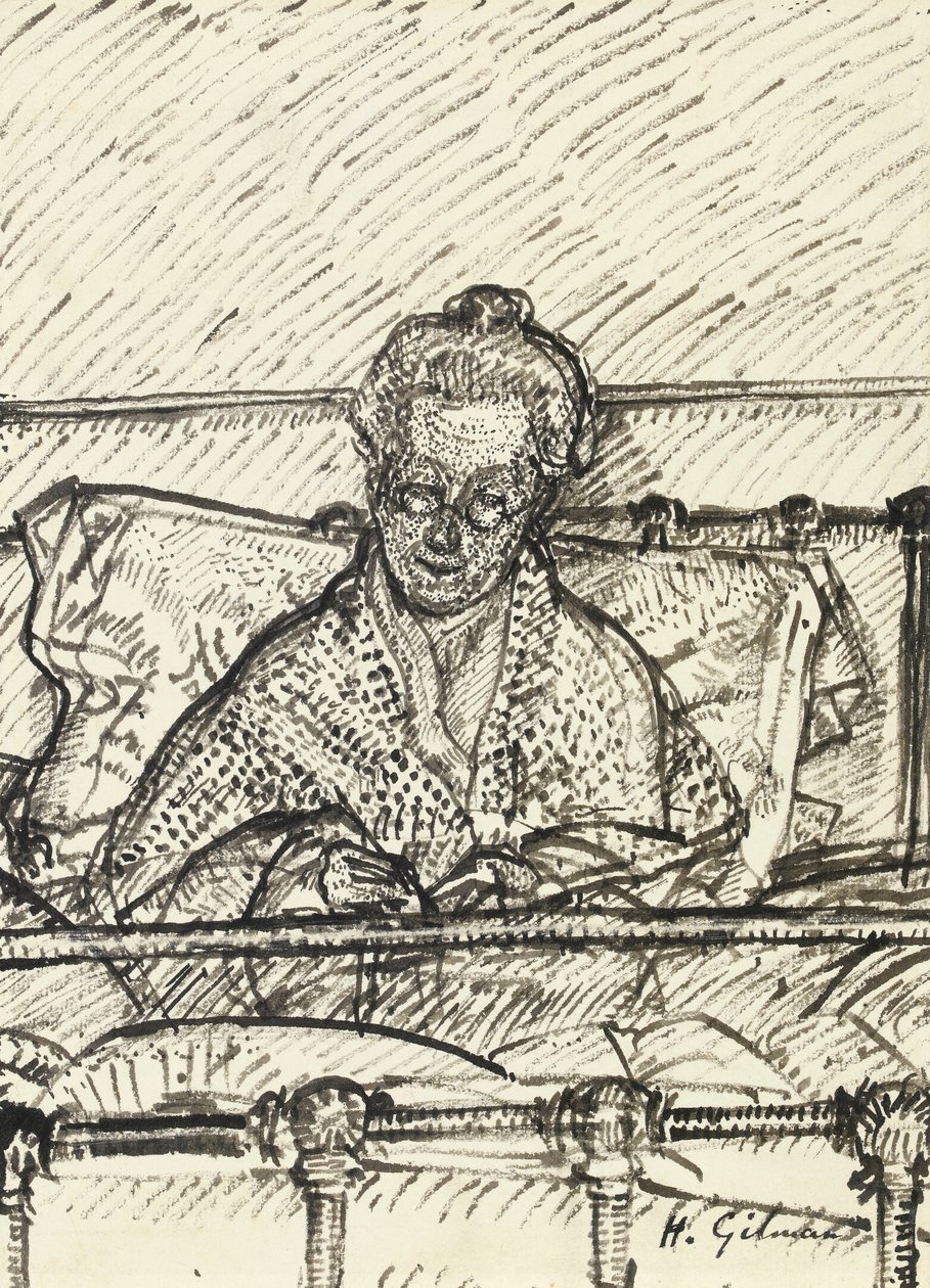 Brevskriving (kunstnerens mor), 1917 (rørpenn og indisk blekk på papir) av Harold Gilman