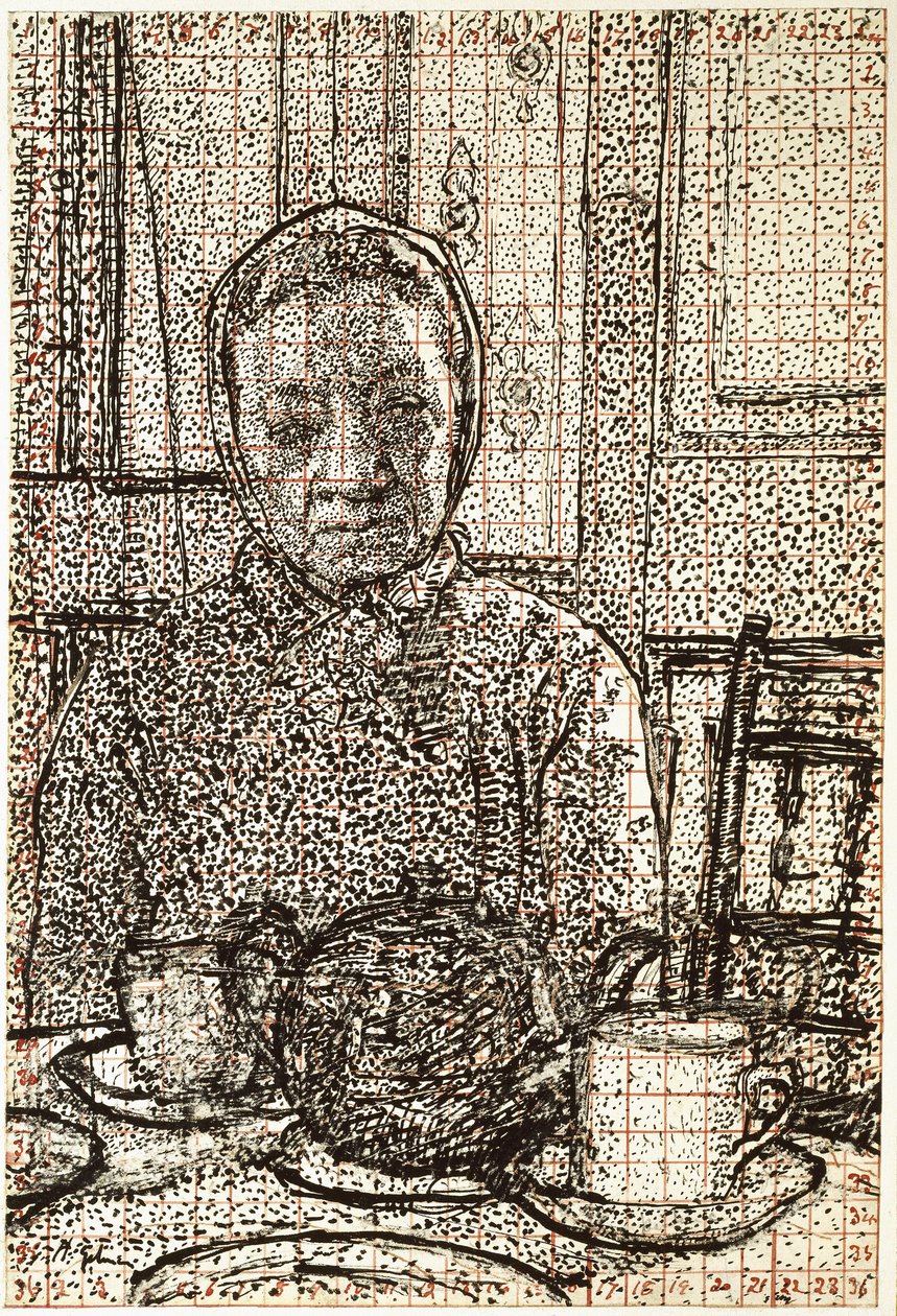 Mrs Mounter ved frokostbordet, 1916 - 1917 (penn og svart blekk, delvis riper, firkantet med rødt blekk) av Harold Gilman