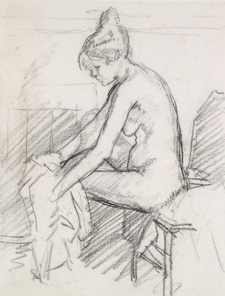 Studie av en naken kvinne, sittende og tørker høyre fot (kull) av Harold Gilman