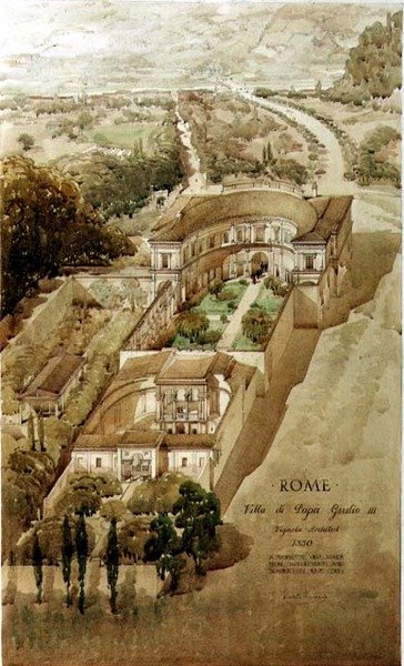 En perspektivisk utsikt over Villa di Papa Giulio i Roma av Harold Chalton Bradshaw