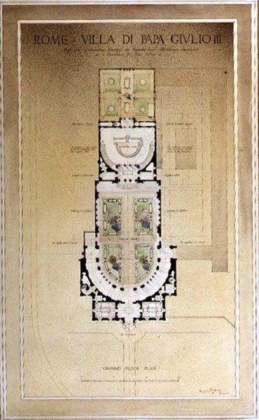 Første etasjeplan for Villa di Papa Giulio i Roma av Harold Chalton Bradshaw