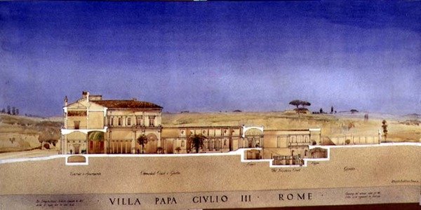 Utsikt over søylegangen og hagen til Villa di Papa Giulio i Roma av Harold Chalton Bradshaw