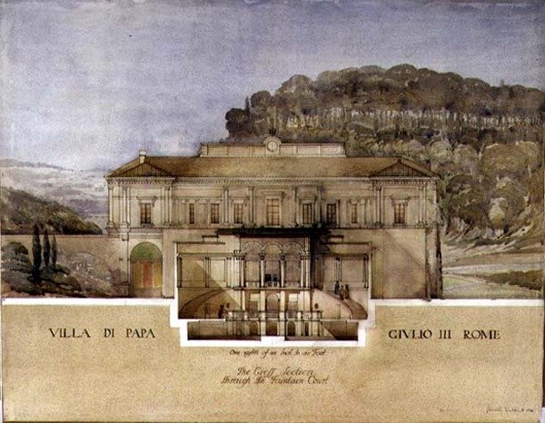 Utsikt over tverrsnittet gjennom fontenegården til Villa di Papa Giulio i Roma av Harold Chalton Bradshaw