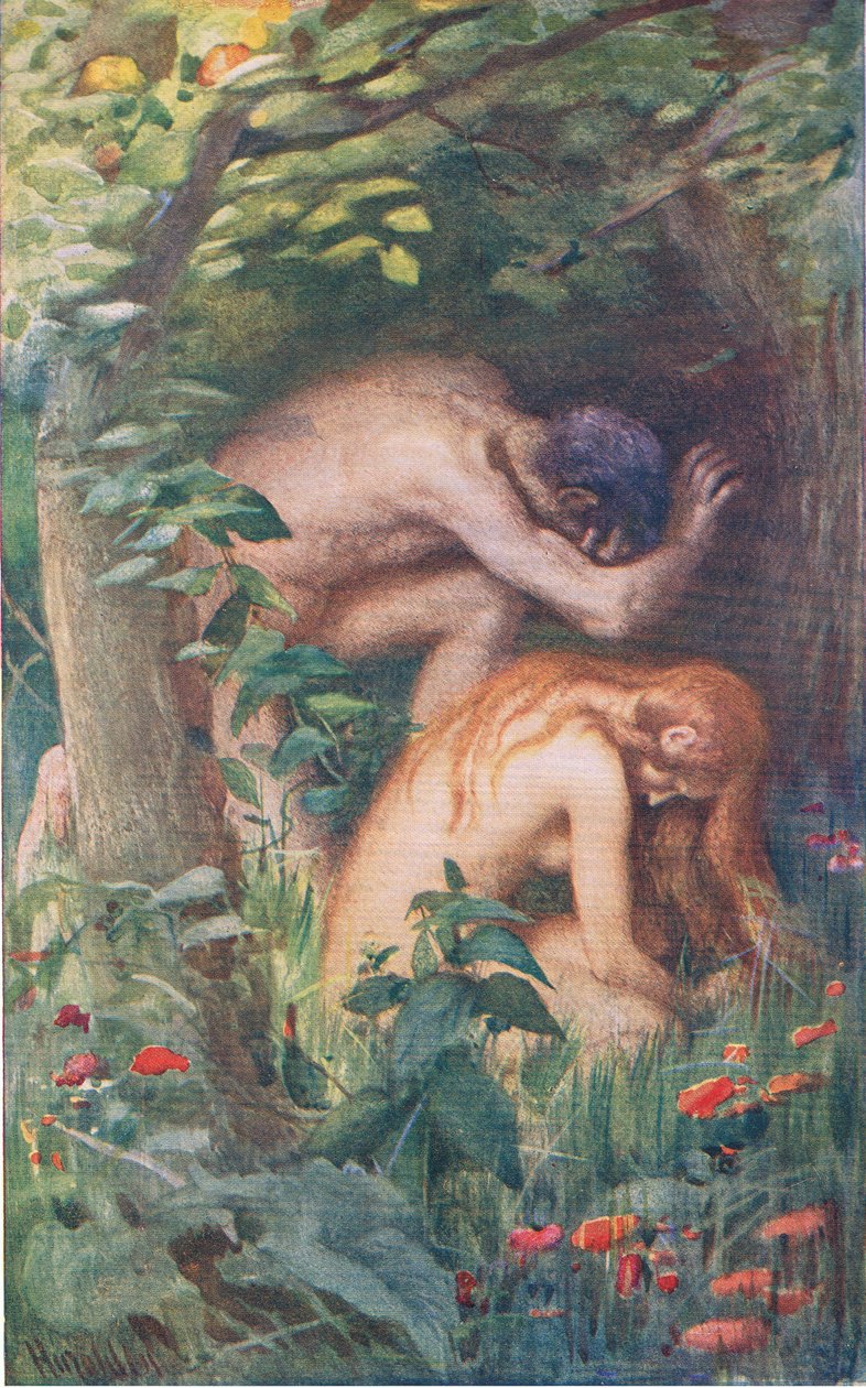 Adam og Eva, illustrasjon fra Pictures That Teach The Crown Series, 1920 av Harold Copping