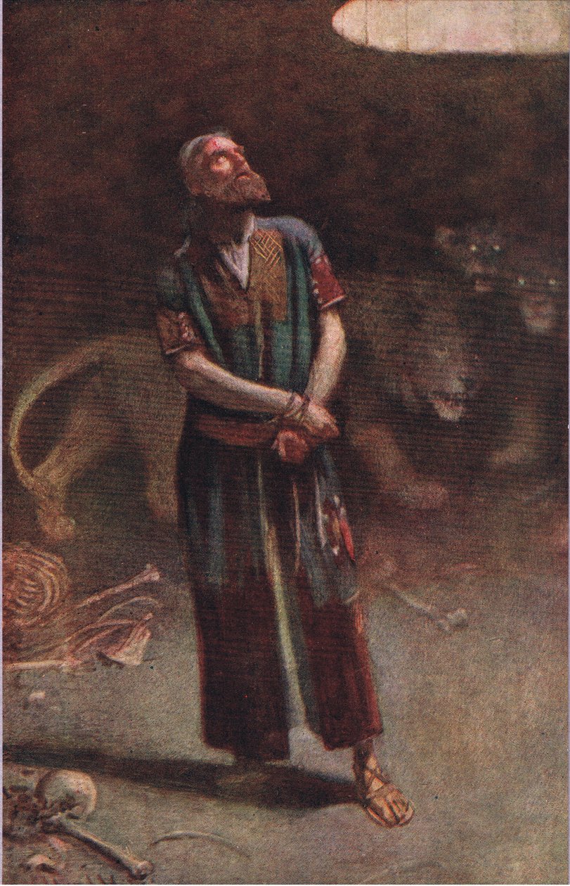 Daniel i løvehulen, illustrasjon fra Pictures That Teach The Crown Series, 1920 av Harold Copping