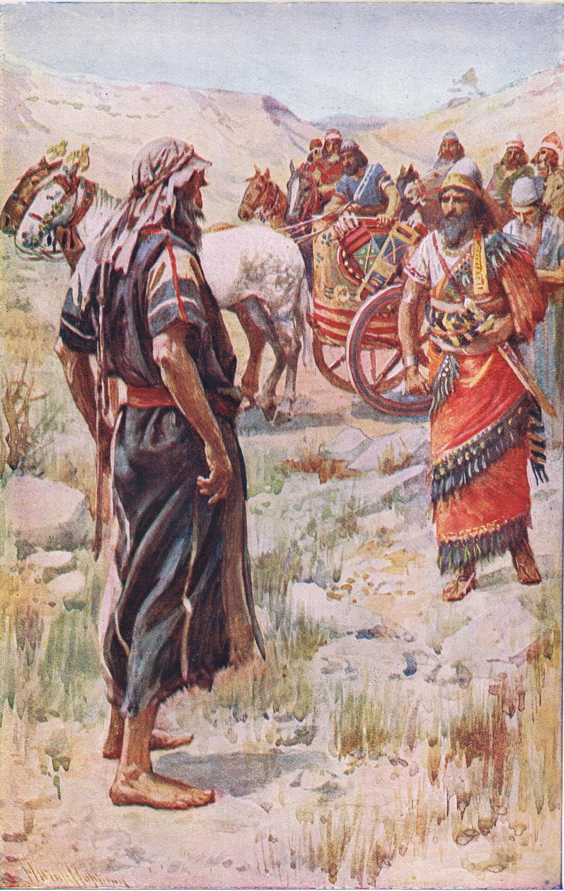 Elijah og Ahab, illustrasjon fra Pictures That Teach The Crown Series, 1920 av Harold Copping