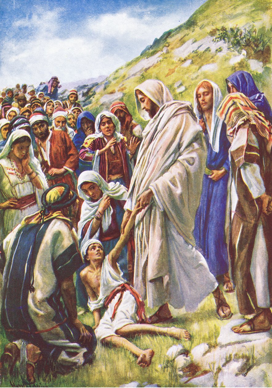 Jesus helbreder den lille gutten, illustrasjon fra Harold Copping Pictures: The Crown Series, ca. 1920-tallet av Harold Copping