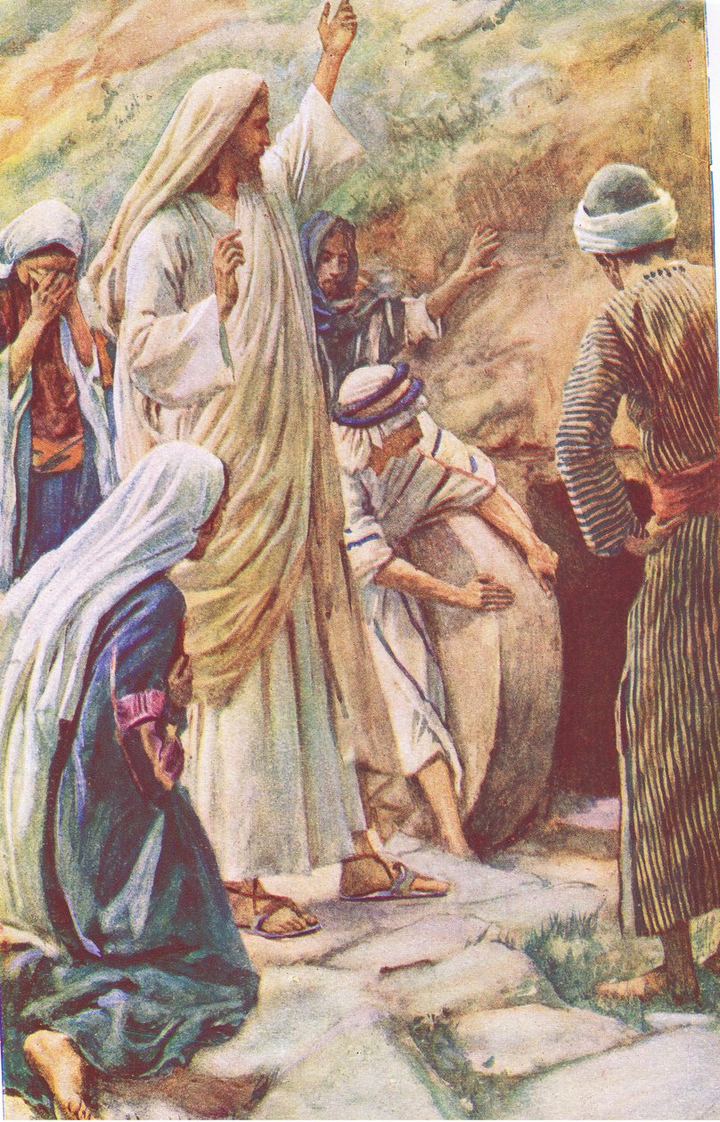 Jesus reiser Lasarus fra de døde, illustrasjon fra Harold Copping Pictures: The Crown Series, ca. 1920-tallet av Harold Copping
