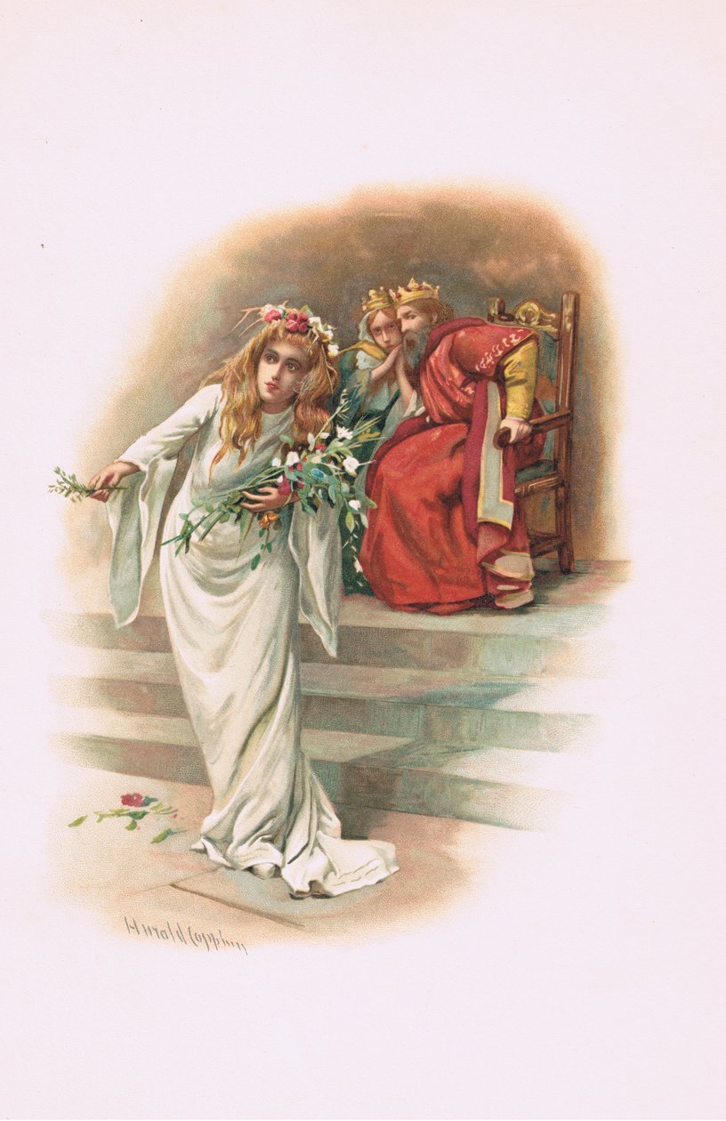 Ophelia med kongen og dronningen, illustrasjon fra Hamlet av Harold Copping