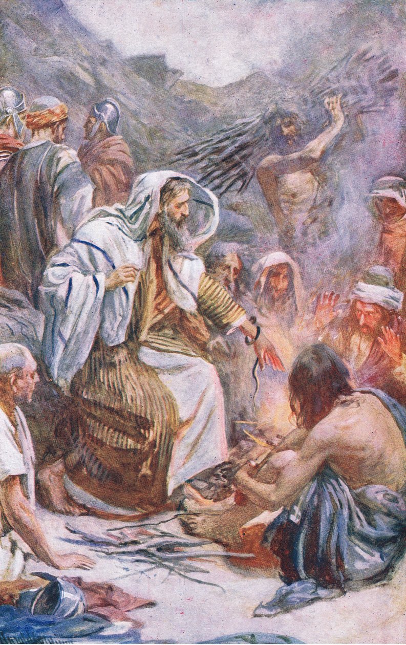 St Paul at Melita, illustrasjon fra Harold Copping Pictures: The Crown Series, ca. 1920-tallet av Harold Copping