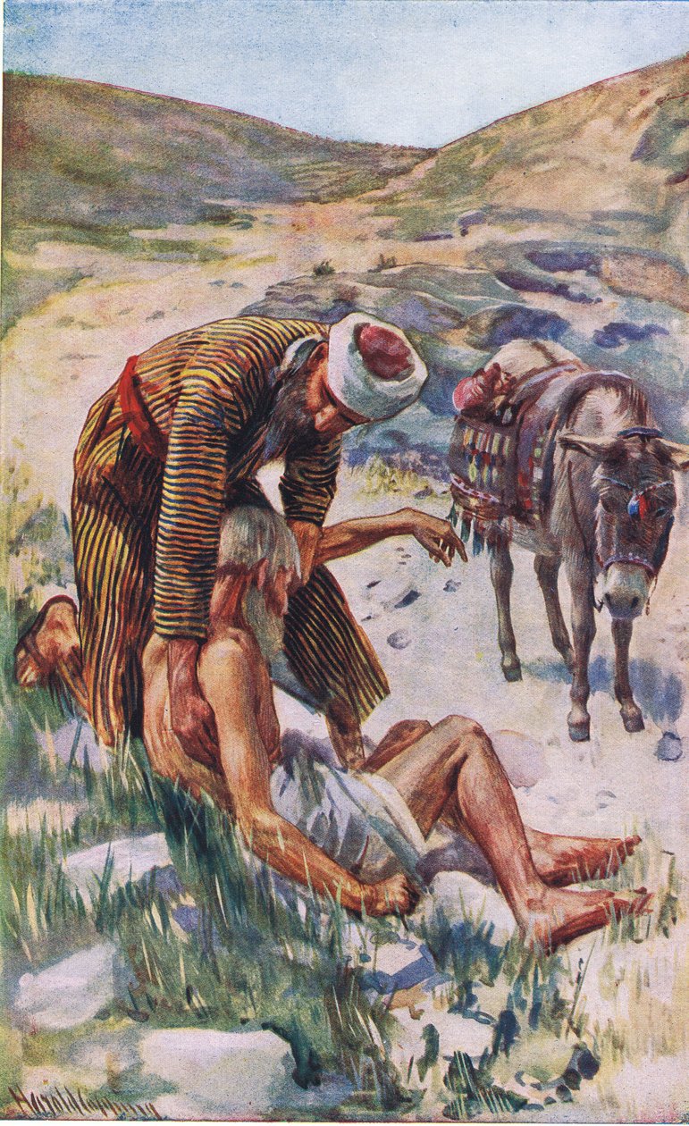Den barmhjertige samaritan, illustrasjon fra Harold Copping Pictures: The Crown Series, ca. 1920-tallet av Harold Copping
