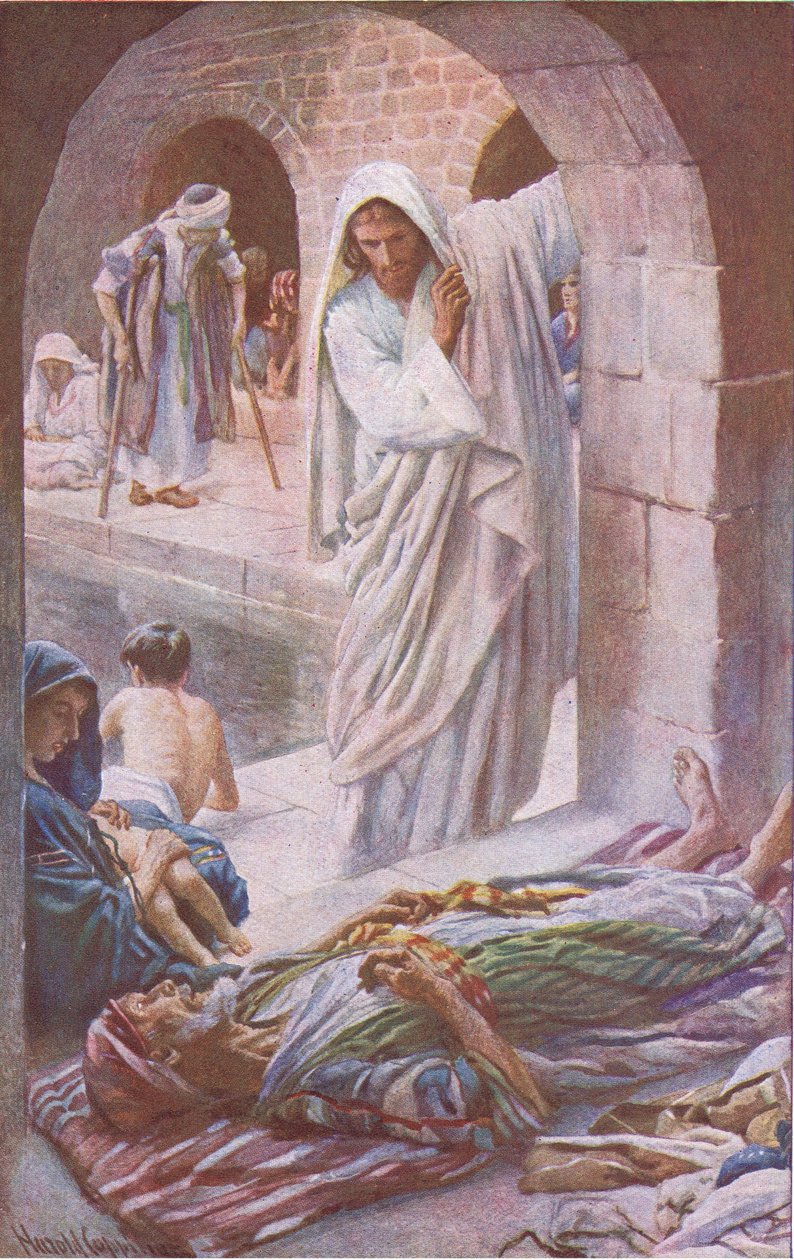 The pool of Bethesda, illustrasjon fra Harold Copping Pictures: The Crown Series, ca. 1920-tallet av Harold Copping