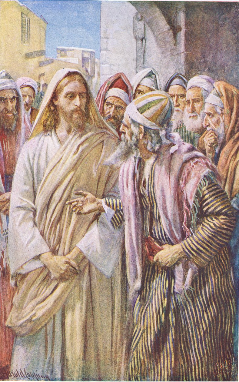 The question of the Sadducees, illustrasjon fra Harold Copping Pictures: The Crown Series, ca. 1920-tallet av Harold Copping