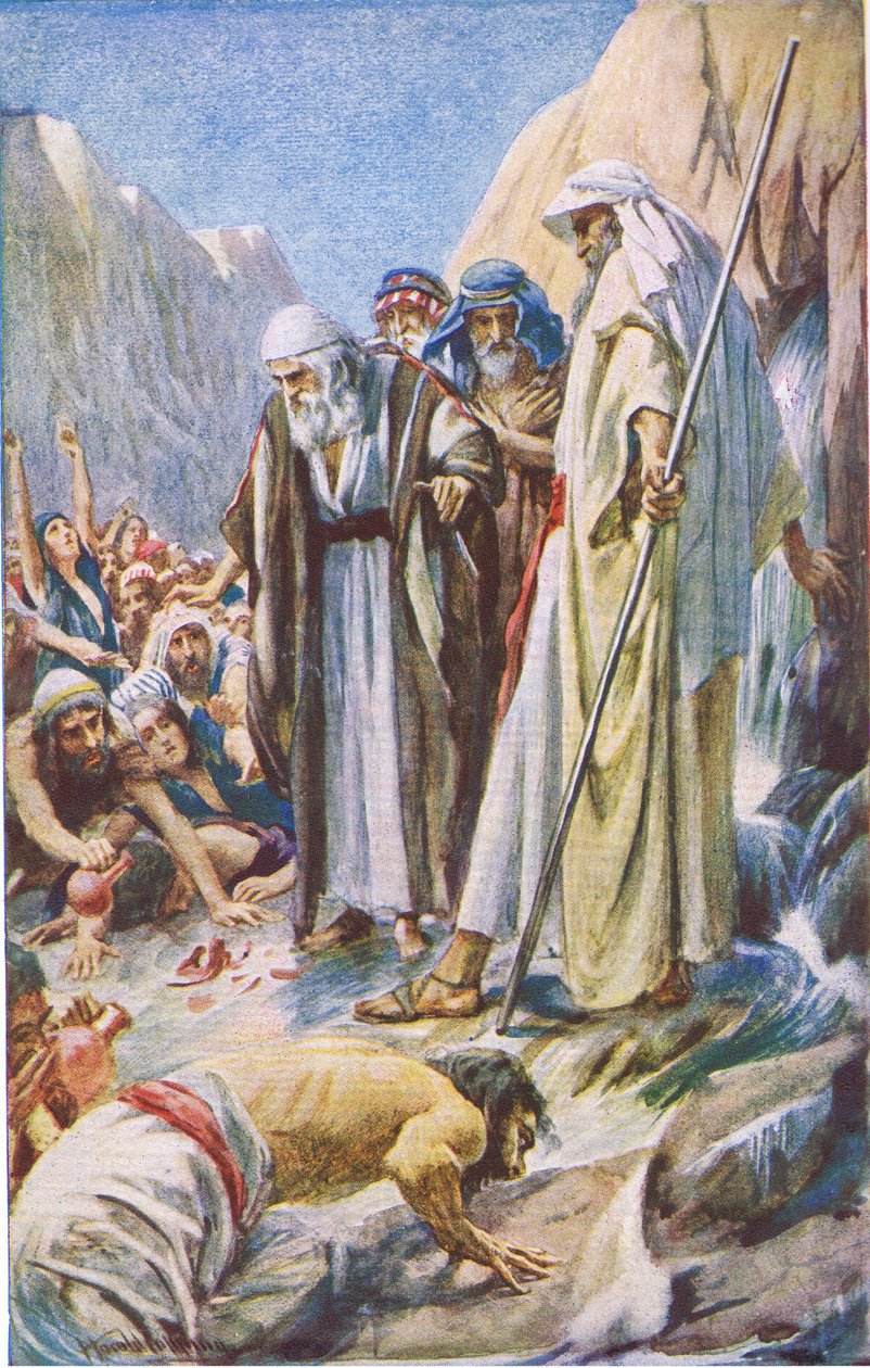 The smiting of the rock, illustrasjon fra Pictures That Teach The Crown Series, 1920 av Harold Copping