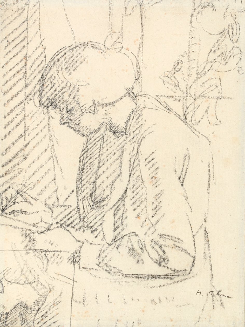 En jente som skriver (svart kritt på papir) av Harold Gilman