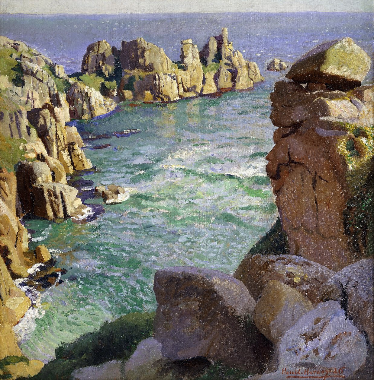 Logans Rock, Porthcurno Beach, Cornwall av Harold Harvey