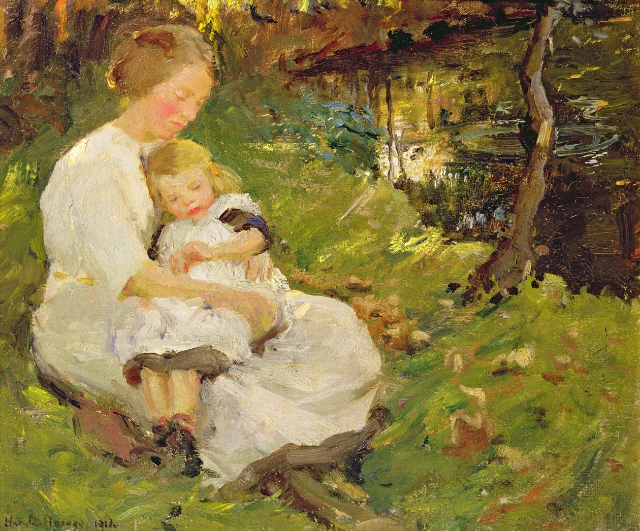 Mor og barn i et skogslandskap av Harold Harvey