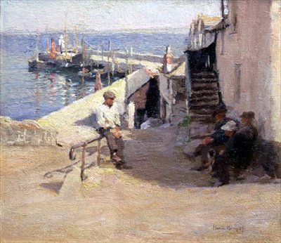 Newlyn Street Scene (olje på lerret) av Harold Harvey