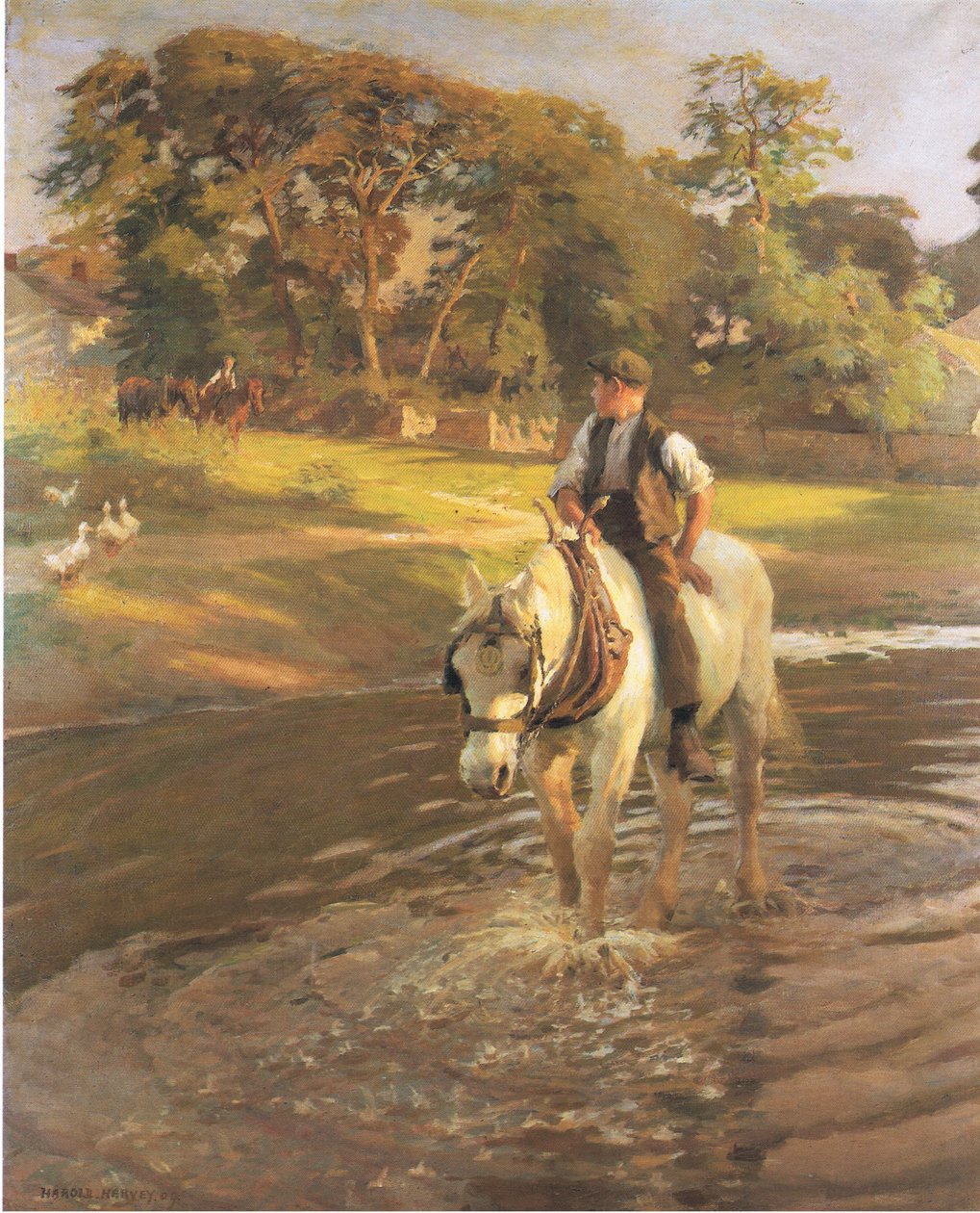 Vanning av hesten (farge litho) av Harold Harvey
