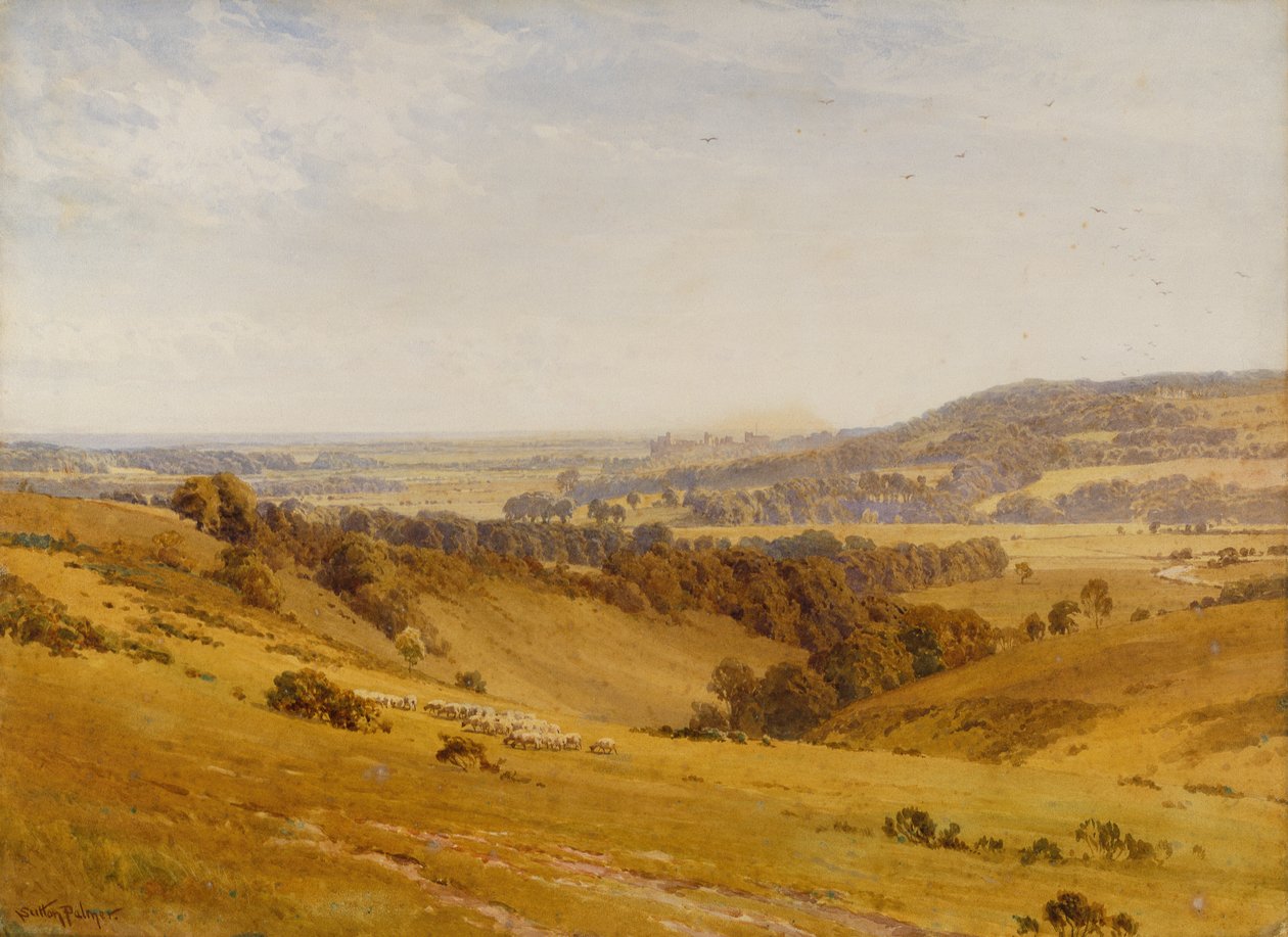 En fjern utsikt over Arundel Castle (blyant og akvarell) av Harold Sutton Palmer