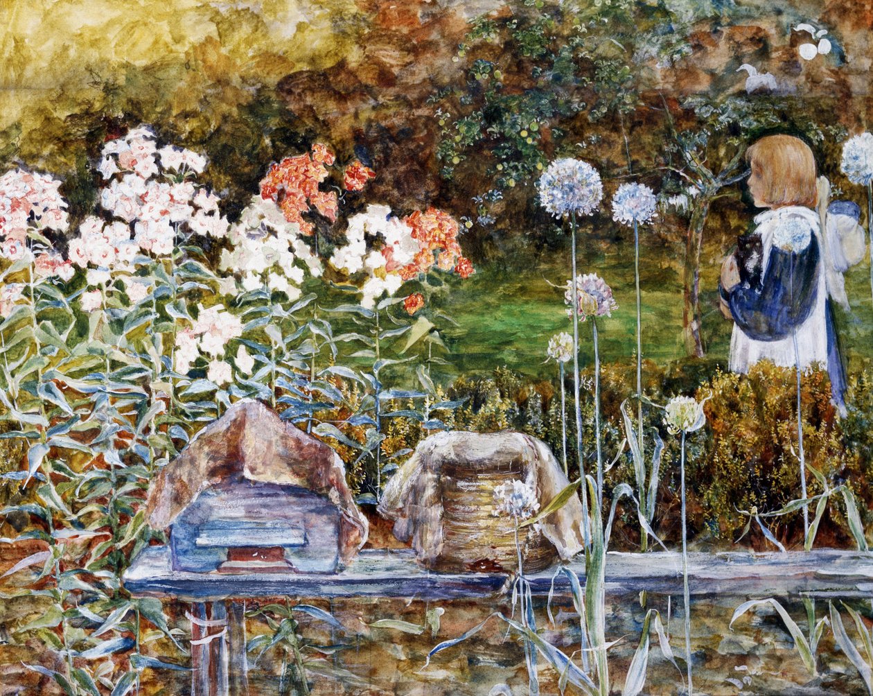 Nær Exeter. En liten jente går gjennom en blomstrende hage med en katt i armene. Maleri av Harold Sutton Palmer (1854–1933 britisk) Privat samling av Harold Sutton Palmer