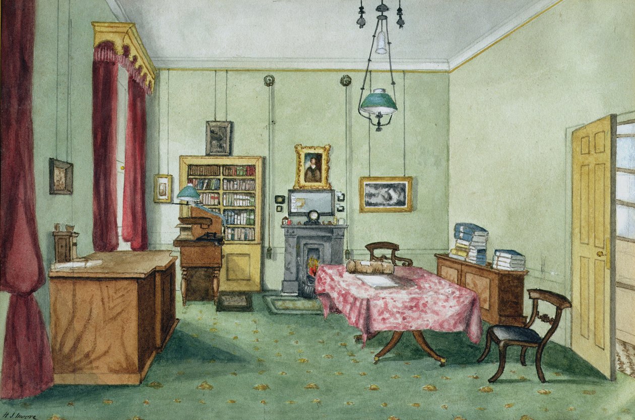 Michael Faradays studie i andre etasje ved The Royal Institution, 1850-55 av Harriet Jane Moore