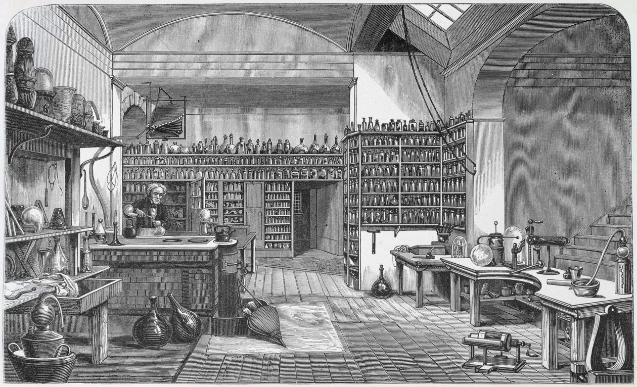 Michael Faraday (1791-1867) i kjellerlaboratoriet hans, fra Henry Bence Jones 