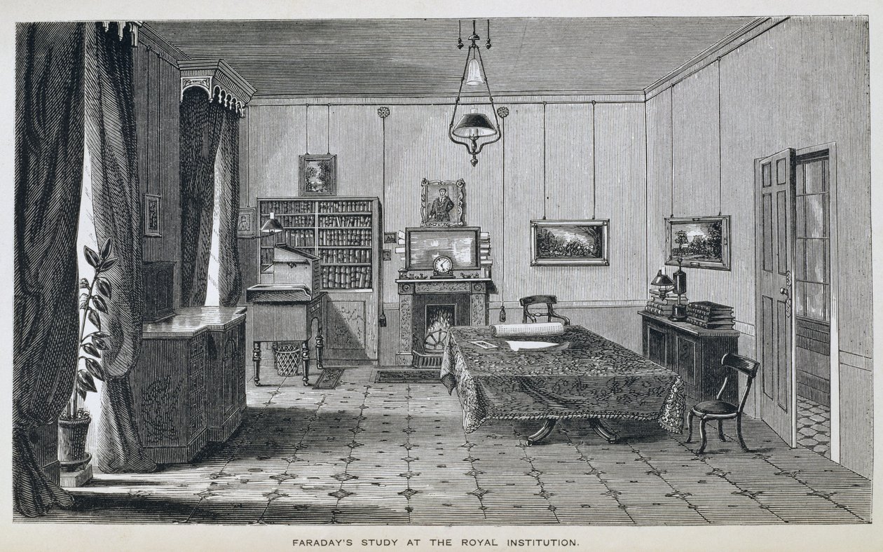Michael Faradays studie i andre etasje ved The Royal Institution, fra Henry Bence Jones 