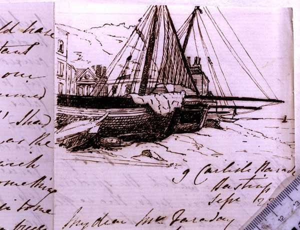RI MS F1 I160 Vignett av fiskebåter ved Hastings, en skisse i et brev til Michael Faraday (1791-1867), 23. september 1853 (penn og blekk på papir) av Harriet Jane Moore
