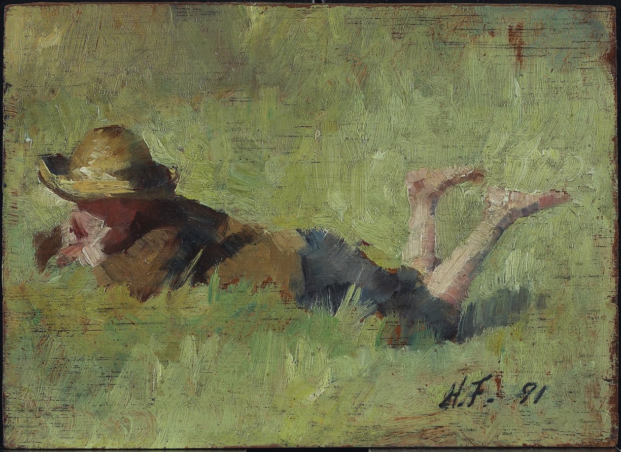 Gutt som ligger i gress, 1890 (olje på trepanel) av Harriet Mary Ford