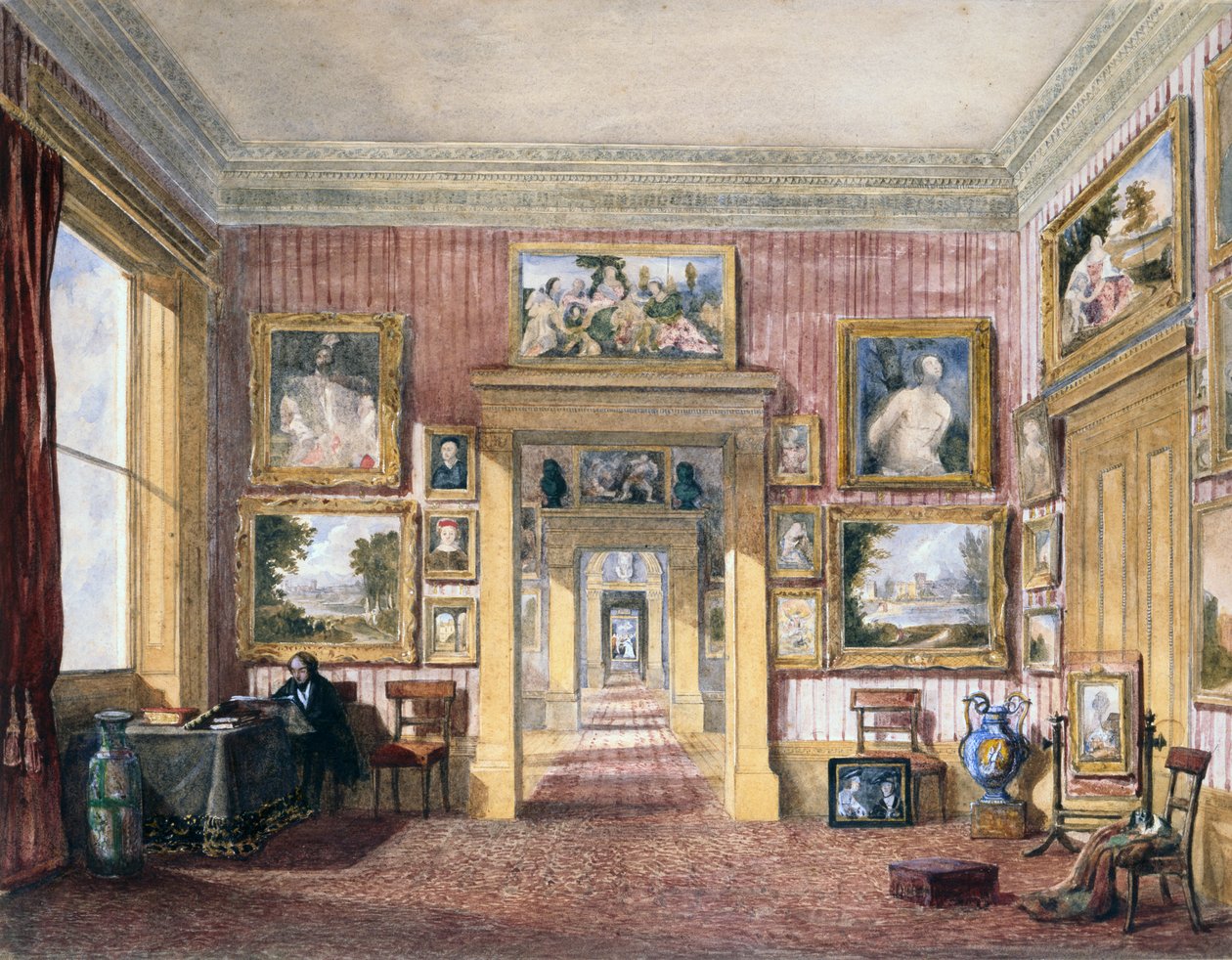 Spisestuen på Thirlestaine House, Cheltenham, ca. 1843 (akvarell) av Harriet Rushout (attr. to) Bowles