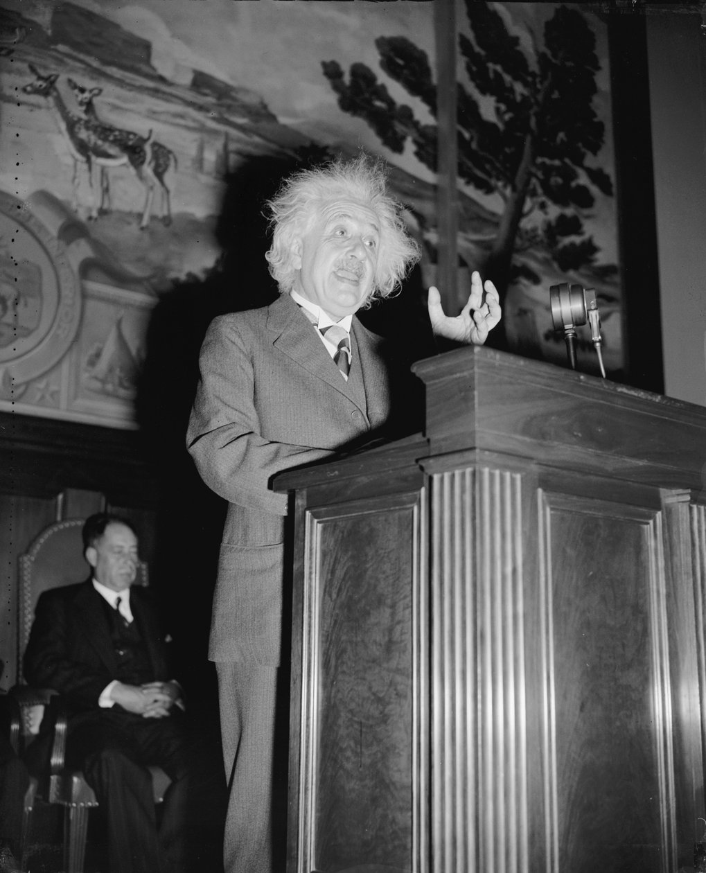 Albert Einstein taler, ca. 1940 (s/hvitt-bilde) av Harris & Ewing