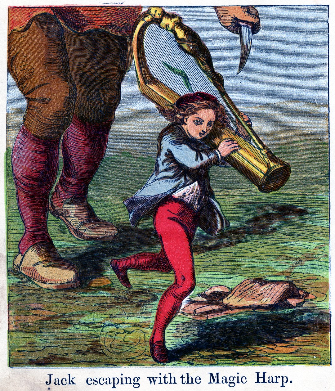 Jack rømmer med den magiske harpen, 1867 (chromolitho) av Harrison William Weir