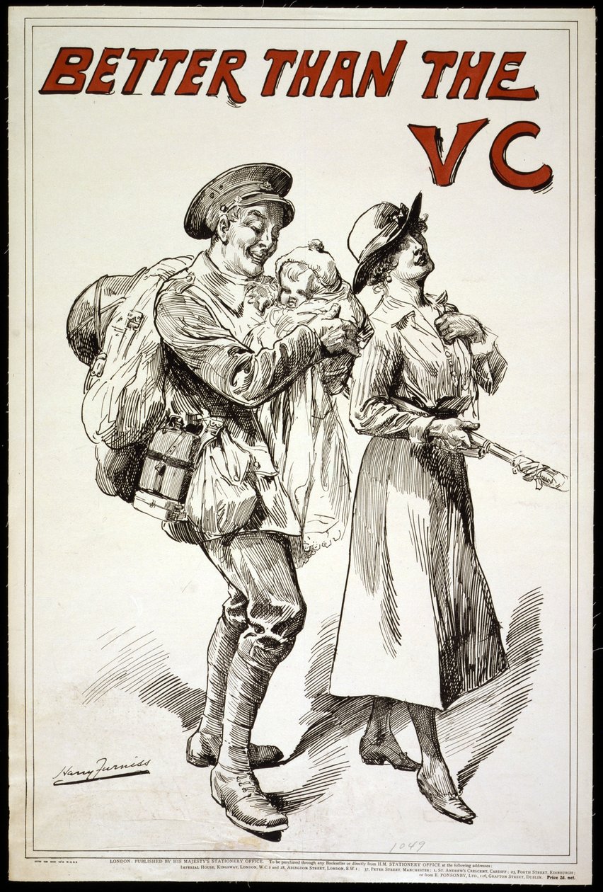 Bedre enn VC. (dvs. Victoria Cross) - Plakat som viser en soldat som holder en baby mens han følger sin kone.1918 av Harry Furniss