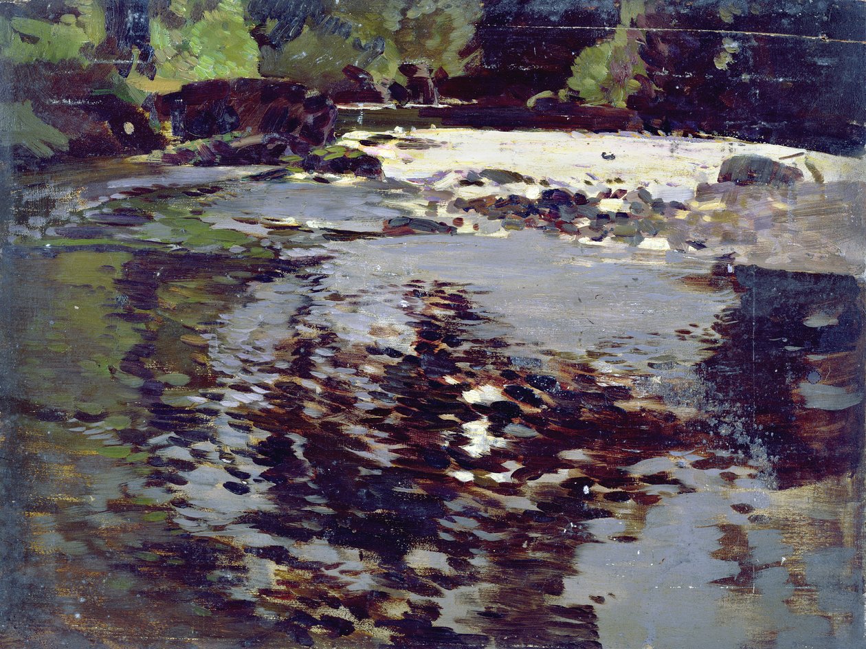 Sollyset reflekteres over et bredt elvelandskap av Harry Watson