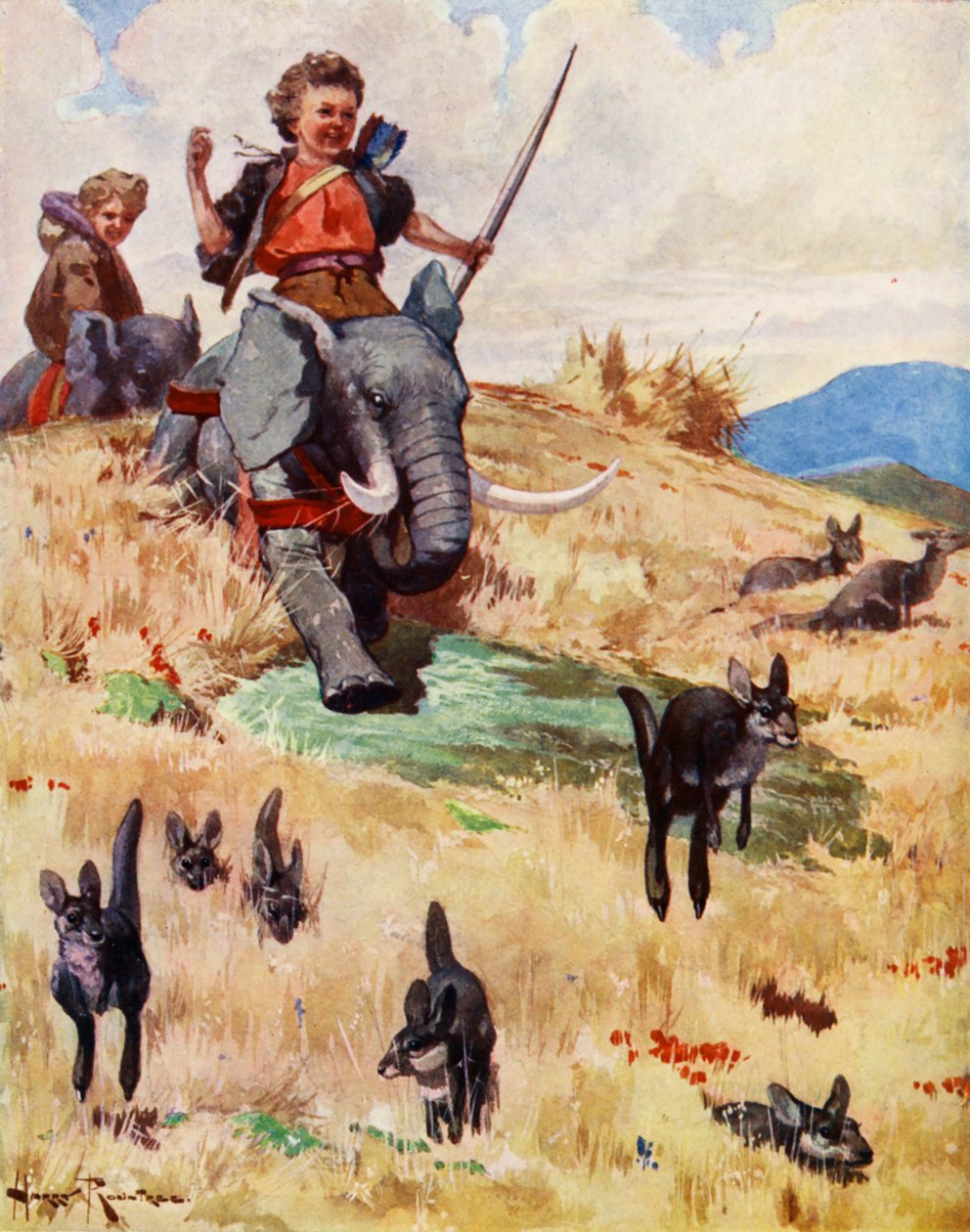 Jakt på kenguruer (fargelitografi) av Harry (1878-1950) Rountree