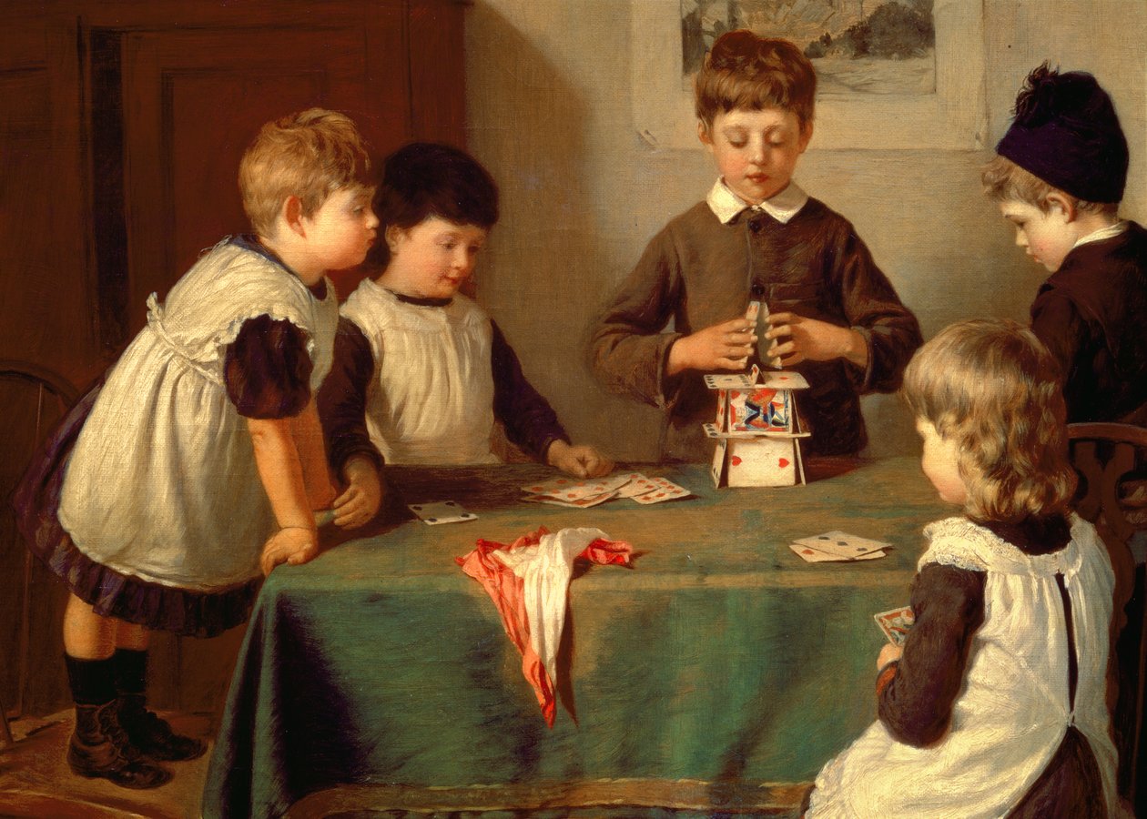 Et kritisk øyeblikk, detalj av barn som bygger et korthus av Harry Brooker