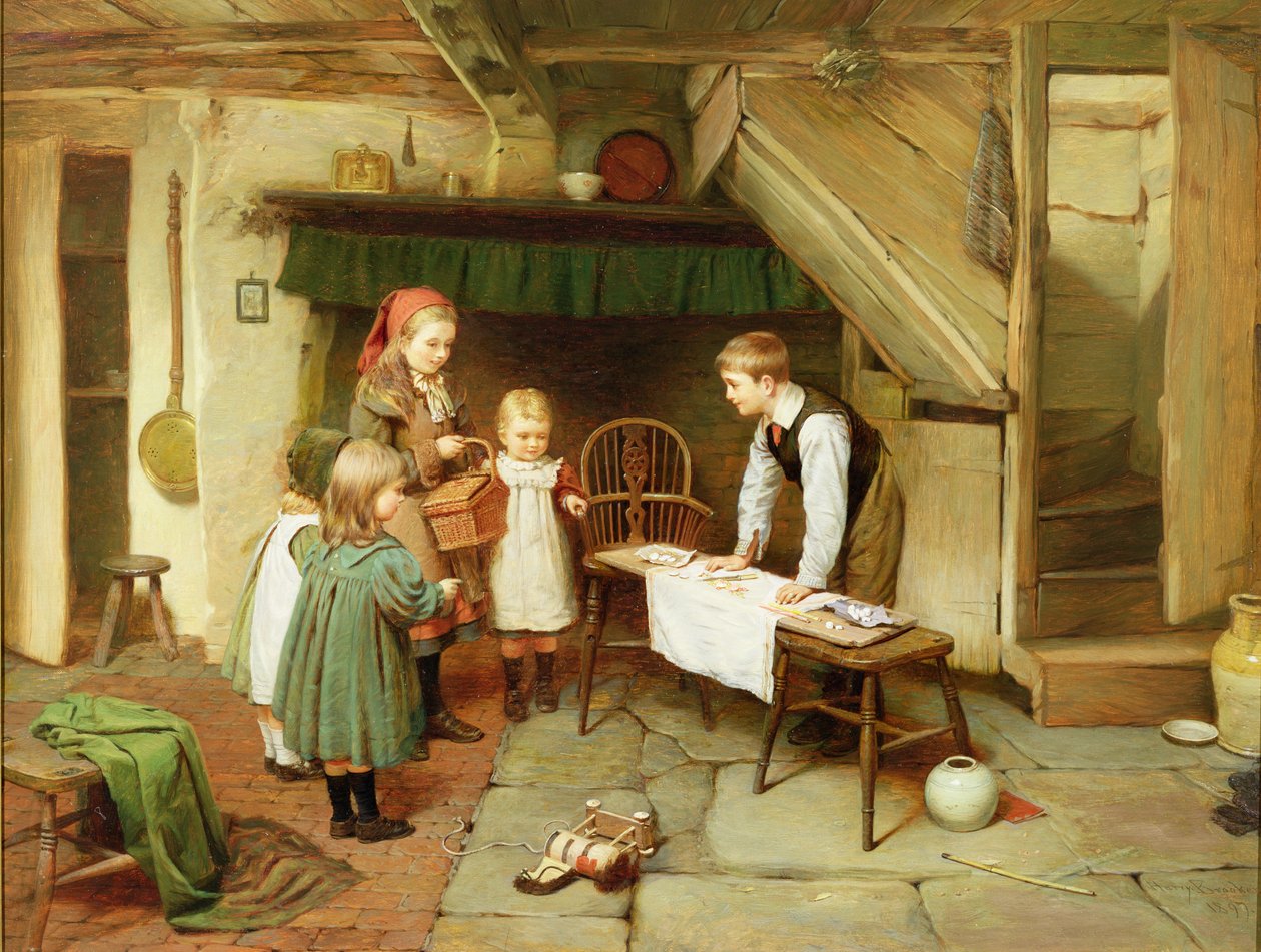 Et besøk i Sweet Shop (olje på lerret) (se også 17194) av Harry Brooker