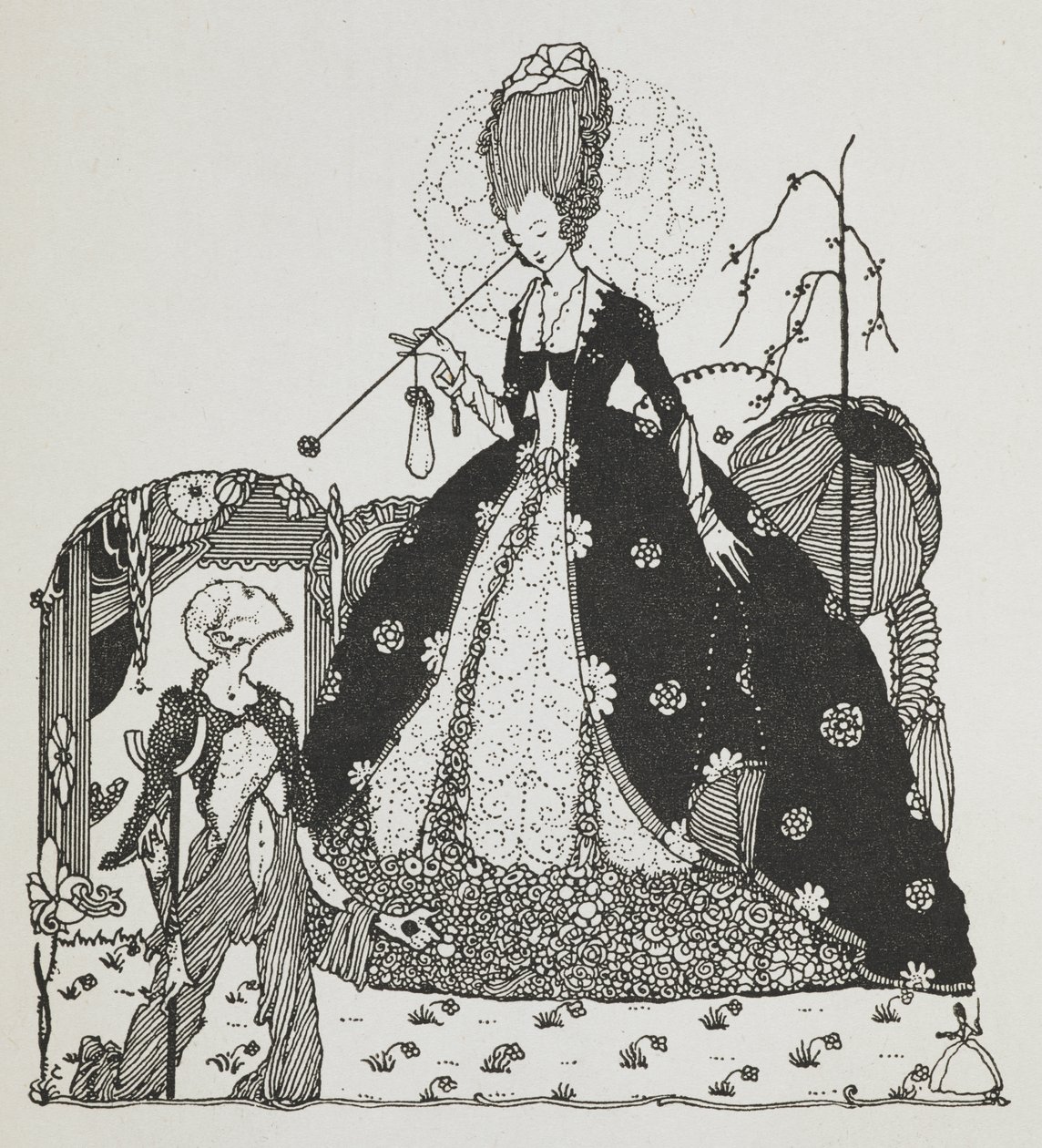 En dame ser ned på en bonde og tigger om penger. av Harry Clarke