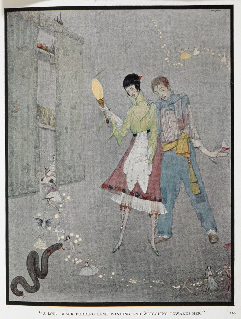 "En lang blodpudding kom slingrende og vriddende mot henne." En illustrasjon til historien, 'de latterlige ønsker'. Harry, en vedhogger, og hans kone, Fanny, har nettopp ønsket et feiltak. av Harry Clarke
