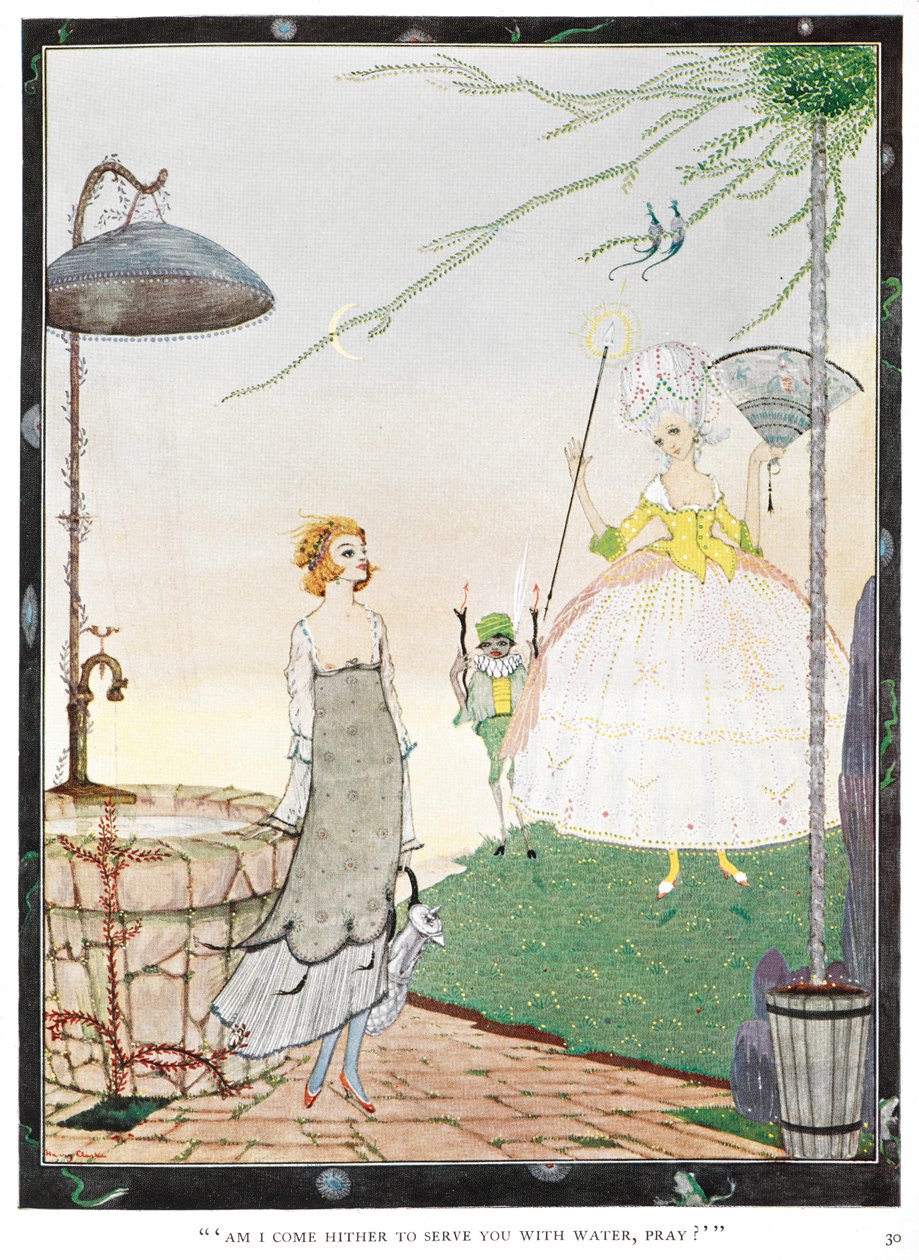 "Er jeg kommet hit for å tjene deg med vann, be?" Illustrasjon for historien, "feen." En ung kvinne som møter en fe med utseendet til en velkledd dame. av Harry Clarke