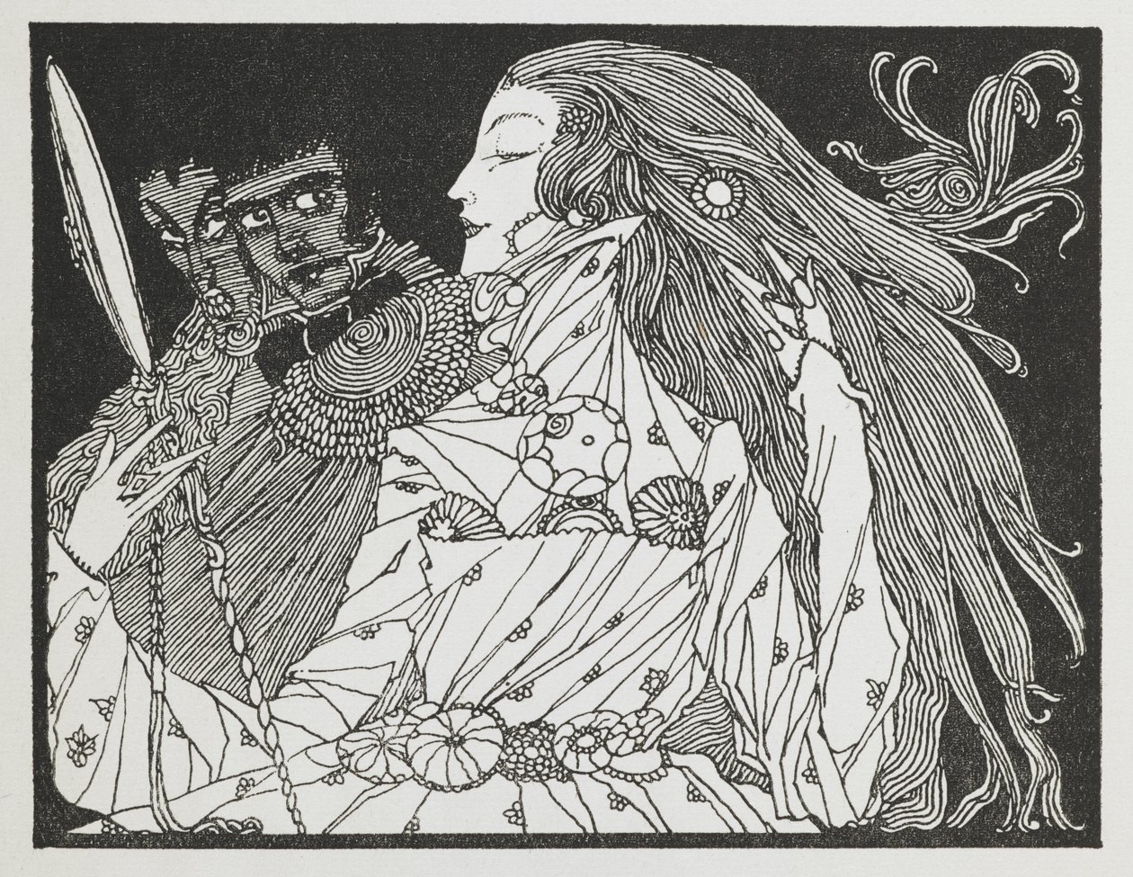 En illustrasjon til historien 'Askepott'. En kvinne ser på refleksjonen hennes i et håndspeil av Harry Clarke