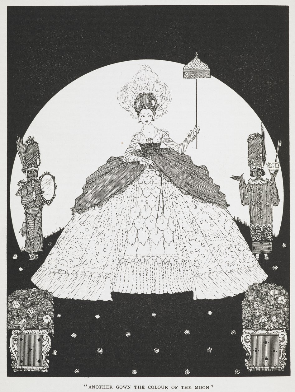 "En annen kjole i månens farge". En illustrasjon for historien, 'eselskinn'. En vakker prinsesse som holder en parasoll, to tjenere står på hver side av henne. av Harry Clarke