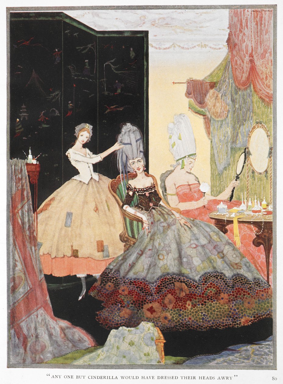 "Alle andre enn Askepott ville ha fikset håret sitt skjevt, men hun var veldig flink, og kledde dem perfekt." Askepott hjelper to av søstrene hennes med å gjøre seg klar for kvelden. av Harry Clarke
