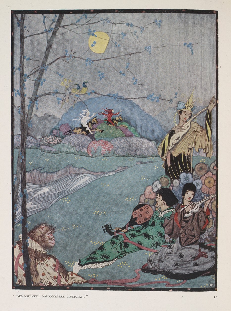 Arabia. "Demi-silkede mørkhårede musikere" av Harry Clarke