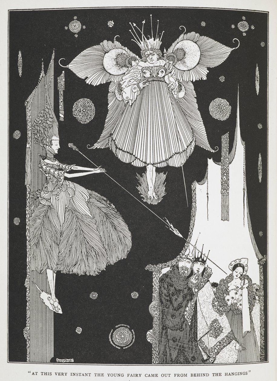 "Akkurat i dette øyeblikket kom den unge feen ut bak hengene". Illustrasjon til historien 'Tornerose i skogen'. av Harry Clarke