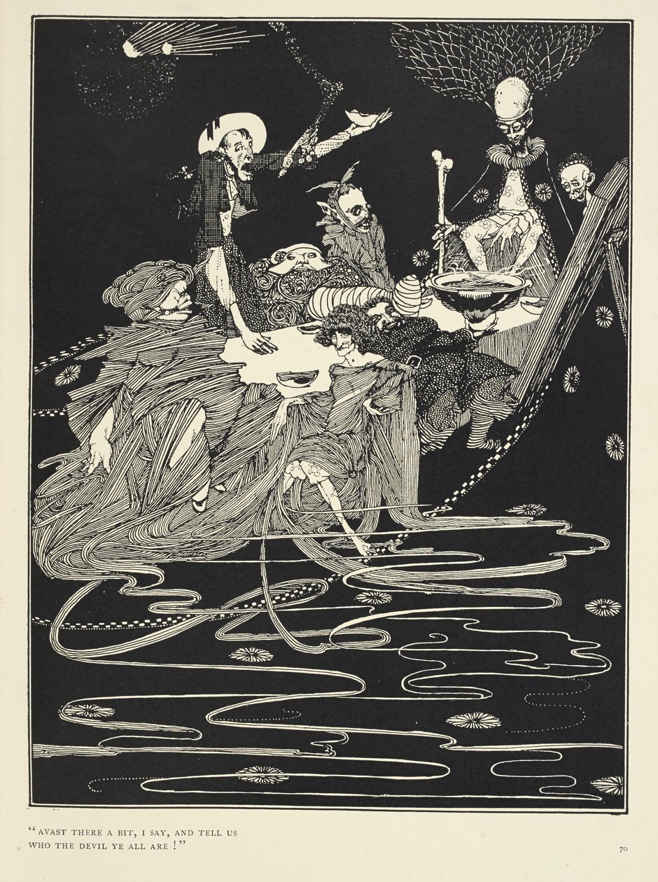 Avast der litt, sier jeg, og fortell oss hvem djevelen dere alle er!'. Fra historien King Pest. av Harry Clarke