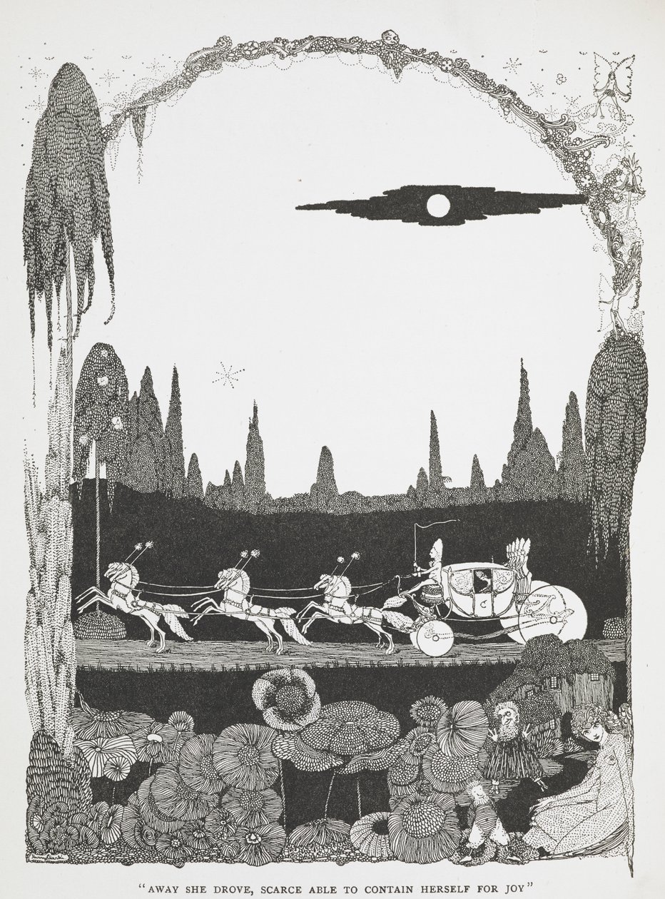 "Bort hun kjørte, knapt i stand til å holde seg selv av glede." Illustrasjon til historien Askepott eller den lille glasstøffelen'. av Harry Clarke